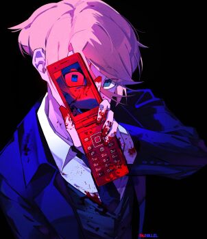 1boy :d arm_at_side artist_name black_background black_necktie black_vest blonde_hair blood blood_on_clothes blood_on_face blood_on_hands blue_eyes blue_jacket cellphone collared_shirt commentary elliot_(par0llel) fingernails flip_phone from_above hair_between_eyes highres holding holding_phone jacket layered_sleeves long_sleeves looking_at_viewer lower_teeth_only male_focus necktie open_clothes open_jacket open_mouth original par0llel phone revealing_layer shirt short_hair simple_background smile solo teeth uneven_eyes upper_body vest white_shirt wide-eyed