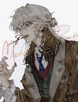 Rule 34 | 1other, blue necktie, breast pocket, brown hair, brown jacket, collared shirt, evl 1230, glasses, green vest, hand up, highres, holding, holding scissors, jacket, medicine pocket, medicine pocket (the cosmos photographer), medium hair, mouth hold, multicolored hair, necktie, object in pocket, official alternate costume, pen in pocket, pinstripe jacket, pinstripe pattern, pocket, reverse:1999, scissors, shirt, solo, striped clothes, striped jacket, sweater vest, upper body, vertical-striped clothes, vertical-striped jacket, vest, white background, white hair, white shirt, yellow eyes