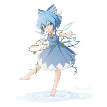 Rule 34 | 1girl, back bow, barefoot, blue bow, blue dress, blue eyes, blue hair, bow, chinese commentary, cirno, collared shirt, commentary request, detached wings, dress, flower, full body, hair bow, highres, ice, ice wings, lbcirno9, looking at viewer, morning glory, neck fur, open mouth, pinafore dress, pink flower, plant, puffy short sleeves, puffy sleeves, ripples, shirt, short hair, short sleeves, sleeveless, sleeveless dress, solo, striped bow, sunflower, tan, tanned cirno, toes, touhou, twitter username, vines, white bow, white shirt, wings, yellow flower