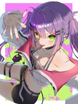 1girl absurdres belt bibi_(tokoyami_towa) black_choker black_shirt black_shorts breasts choker commentary_request cropped_jacket cropped_shirt demon_girl demon_tail ear_piercing fang hair_ornament hairpin highres hololive jacket long_hair looking_at_viewer medium_breasts multicolored_hair multicolored_nails navel navel_piercing o-ring o-ring_choker piercing pink_hair pink_streaks purple_hair remynoue shirt shorts smile solo streaked_hair tail thigh_strap tokoyami_towa tokoyami_towa_(1st_costume) tongue tongue_out twintails virtual_youtuber white_belt white_jacket x_hair_ornament