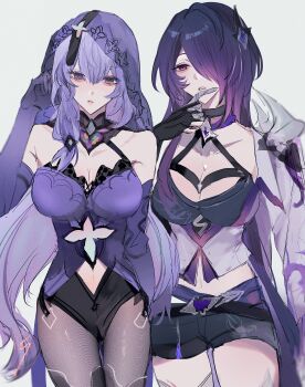 2girls acerola_2539 acheron_(honkai:_star_rail) black_gloves black_pantyhose black_shorts black_swan_(honkai:_star_rail) breasts cleavage commentary crop_top dress elbow_gloves gloves hair_over_one_eye highres honkai:_star_rail honkai_(series) jacket large_breasts long_hair midriff_peek multiple_girls navel pantyhose purple_dress purple_eyes purple_gloves purple_hair purple_shirt shirt short_shorts shorts simple_background thighs very_long_hair white_jacket