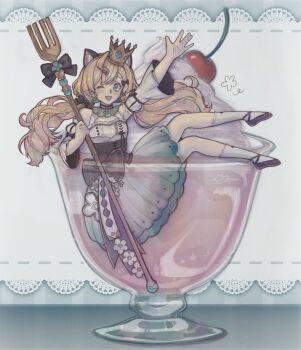 1girl ;d ahoge animal_ear_fluff animal_ears aqua_eyes armpits blonde_hair blush braid breasts cat_ears cherry commentary crown detached_sleeves english_commentary food fork fruit full_body highres holding holding_fork in_bowl in_container in_food low_twintails millie_parfait millie_parfait_(anniversary_dress) mini_person minigirl name_connection nijisanji nijisanji_en object_namesake omyonyom one_eye_closed open_mouth parfait pun small_breasts smile solo twintails virtual_youtuber waving