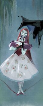 1girl bumble_tmnt colored_skin dress full_body highres holding holding_umbrella long_hair patchwork_clothes patchwork_skin pinstripe_pattern red_hair sally_(nbc) smile stitched_arm stitched_face stitches striped_clothes striped_vest the_nightmare_before_christmas umbrella vest