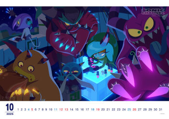 1girl 2025 5boys absurdres applying_manicure blue_eyes blue_hair blue_skin bracelet claws closed_mouth colored_sclera colored_skin crossed_arms dated deadly_six eating eyeshadow facial_hair food glowing_nails green_eyes green_hair green_skin highres horns jewelry karasuno_yui logo long_tongue looking_at_viewer meat monster multiple_boys muscular muscular_male mustache nail_polish night night_sky no_nose official_art old old_man oni oni_horn painting_nails pink_nails pink_skin purple_eyes purple_hair red_eyes red_skin sharp_teeth single_horn sky sonic_(series) sonic_channel sonic_lost_world spiked_bracelet spikes standing star_(sky) tail teeth tongue tongue_out watermark web_address white_skin yellow_eyeshadow yellow_lips yellow_nails yellow_sclera yellow_skin zavok_(sonic) zazz zeena zik zomom zor_(sonic)