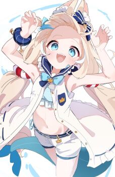 1girl animal_ears arms_up bare_shoulders bikini bikini_under_clothes blonde_hair blue_bikini blue_bow blue_bowtie blue_eyes blue_sailor_collar blush bow bowtie claw_pose commentary fang fins fish_tail forehead highres indie_virtual_youtuber lifebuoy_hair_ornament long_hair looking_at_viewer low_twintails navel open_mouth sailor_collar sameko_saba sameko_saba_(1st_costume) short_shorts shorts simple_background sleeveless smile solo striped_bikini striped_clothes swimsuit symbol-only_commentary tail tareme teeth twintails upper_teeth_only very_long_hair virtual_youtuber wep16night white_background white_shorts