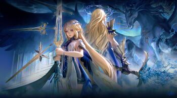 2girls absurdres armored_gloves black_dress blonde_hair blue_hands breasts cartethyia_(wuthering_waves) commentary crown_of_thorns dress dual_persona earrings english_commentary fleurdelys_(wuthering_waves) floating floating_earrings floating_object floating_sword floating_weapon highres holding holding_sword holding_weapon imperator_(wuthering_waves) jewelry long_hair medium_breasts multiple_earrings multiple_girls multiple_swords naofaro parted_bangs pointy_ears sidelocks statue sword tabard tacet_mark_(wuthering_waves) very_long_hair weapon white_tabard wuthering_waves