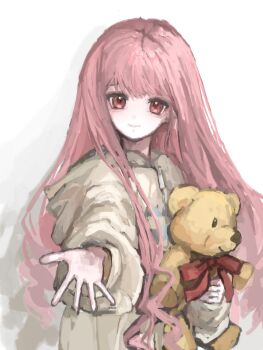 1girl aegyo_sal bow bowtie brown_eyes brown_jacket chinese_commentary closed_mouth clothes_writing commentary_request cowboy_shot dot_nose happy highres holding holding_stuffed_toy hood hood_down hooded_jacket jacket long_hair long_sidelocks long_sleeves looking_at_viewer nikki_(nikki) nikki_(series) offering_hand pink_hair puffy_long_sleeves puffy_sleeves red_bow red_bowtie shadow shuimitaodamaichang sidelocks simple_background smile solo standing stuffed_animal stuffed_toy teddy_bear very_long_hair wavy_hair white_background zipper zipper_pull_tab