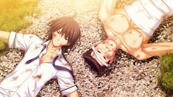 2boys black_hair blue_necktie bruise bruise_on_face closed_mouth collarbone dirty dirty_clothes frown fumio_(ura_fmo) game_cg grass gravel grey_eyes grisaia_(series) grisaia_no_meikyuu headband injury kazami_yuuji lying male_focus mihama_private_academy_school_uniform mr_suou multiple_boys necktie nipples non-web_source on_back partially_unbuttoned path pectorals plaid_clothes plaid_necktie road school_uniform shirt short_hair short_sleeves undone_necktie very_short_hair white_headband white_shirt