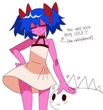 Rule 34 | 1girl, 4chan, :>, black collar, blue hair, bow, bury pink gril, closed mouth, collar, collarbone, colored skin, cowboy shot, dress, english text, hair bow, hand on animal, hand on own hip, heart, legs, petting, petting animal, pink skin, red bow, short twintails, spike dog, standing, thighs, twintails, welodywizuki, white background, white dress