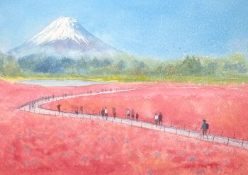 blue_sky commentary_request day forest landscape mount_fuji mountain nature original outdoors painting_(medium) path people real_world_location road scenery sky tj_(tenjiku200) traditional_media watercolor_(medium)