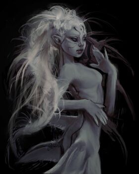 1girl absurdres arched_back black_background black_sclera blue_eyes colored_sclera commentary english_commentary expressionless facial_mark fingernails floating_hair forehead_mark hand_up highres looking_to_the_side mermaid messy_hair monster_girl nude original pointy_ears shark sharp_fingernails simple_background solo twulfs white_hair