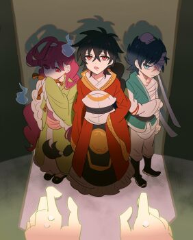 1girl 2boys aged_down bandage_over_one_eye bandaged_head bandages black_hair blue_eyes blue_hair braid child chinese_clothes cousins fieeeeee hair_rings hanfu highres judal long_hair looking_at_viewer magi_the_labyrinth_of_magic multiple_boys out_of_frame red_eyes red_hair ren_hakuryuu ren_kougyoku scar short_hair single_braid sweat