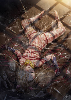 1girl after_rape aftersex ajula_wachula barefoot breasts brown_eyes brown_hair bruise clenched_teeth commission cum cum_on_body cum_on_hair cuts dirty drugged empty_eyes fingerless_gloves fujibayashi_suzu gloves golden_shower highres injury nipples peeing ponytail rope rope_marks scarf shibari skeb_commission small_breasts solo syringe tales_of_(series) tales_of_phantasia teeth torn_clothes yellow_scarf