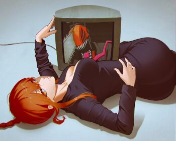 Rule 34 | 1girl, ass, black pants, black suit, braid, braided ponytail, breasts, chainsaw, chainsaw man, crt, denji (chainsaw man), formal clothes, highres, lem, long hair, looking at viewer, lying, makima (chainsaw man), medium breasts, monster boy, no bra, on side, pants, red hair, ringed eyes, suit, television, yellow eyes
