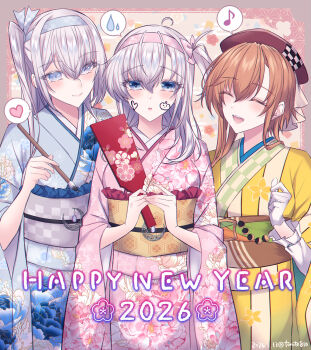 Rule 34 | 2026, 3girls, alternate costume, blue eyes, blue kimono, brown hair, brown hat, calligraphy brush, cowboy shot, eighth note, facepaint, floral print, fuyutsuki (kancolle), grey eyes, grey hair, hagoita, happy new year, hat, headband, heart, highres, holding, holding brush, japanese clothes, kabocha torute, kantai collection, kimono, long hair, multiple girls, musical note, new year, official alternate costume, one side up, paddle, paintbrush, pink kimono, spoken heart, spoken musical note, spoken sweatdrop, striped clothes, striped kimono, suzutsuki (kancolle), sweatdrop, teruzuki (kancolle), teruzuki (new year) (kancolle), white headband, yellow kimono