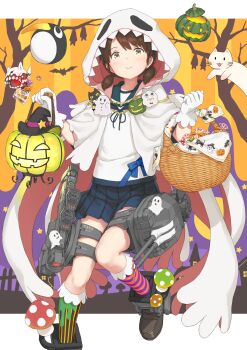 1girl adapted_costume adapted_turret asymmetrical_legwear blue_skirt brown_eyes ghost_costume gloves halloween halloween_costume hayashi_naoharu highres hood hood_up kantai_collection looking_at_viewer low_twintails miniskirt mismatched_legwear pleated_skirt rigging school_uniform serafuku shirayuki_(kancolle) short_sleeves short_twintails skirt smile socks striped_clothes striped_socks thigh_strap twintails vertical-striped_clothes vertical-striped_socks white_gloves