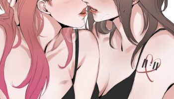 Rule 34 | 2girls, after kiss, black camisole, breasts, breath, brown hair, camisole, cleavage, commentary, english commentary, highres, long hair, medium breasts, multiple girls, original, parted lips, pink hair, saliva, saliva trail, sweetandsour9, tongue, tongue out, yuri
