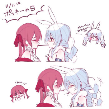 blue_hair blush braid chibi closed_eyes closed_mouth commentary_request food food_in_mouth hair_ribbon highres hololive houshou_marine houshou_marine_(1st_costume) looking_at_another pocky pocky_in_mouth pocky_kiss red_hair red_ribbon ribbon saka_x_x shared_food twin_braids usada_pekora usada_pekora_(1st_costume) virtual_youtuber white_background white_hair yuri