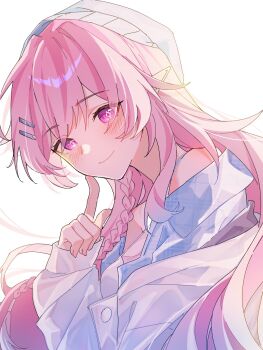 1girl blue_hat blue_jacket breasts commentary_request cyrene_(honkai:_star_rail) cyrene_(nylon_japan)_(honkai:_star_rail) cyrene_(ripples_of_past_reverie)_(honkai:_star_rail) diamond-shaped_pupils diamond_(shape) hat highres honkai:_star_rail honkai_(series) jacket long_hair looking_at_viewer medium_breasts nononono_bouzu official_alternate_costume pink_hair pointy_ears purple_eyes simple_background smile solo symbol-shaped_pupils very_long_hair white_background