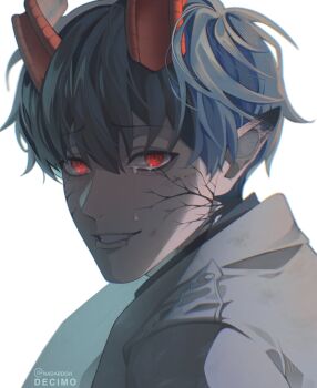 1boy :d aegyo_sal black_hair black_shirt coat collared_shirt colored_extremities colored_veins cracked_skin crying crying_with_eyes_open demon_horns highres horns kim_dokja looking_at_viewer male_focus nadardoh official_alternate_costume omniscient_reader&#039;s_viewpoint open_clothes open_coat open_mouth popped_collar portrait red_eyes shirt short_hair sidelighting smile solo tears white_coat