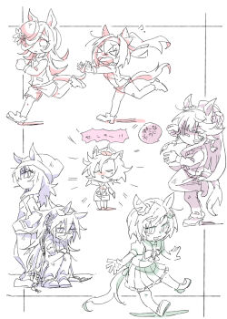 Rule 34 | > <, 6+girls, animal ears, beanie, beer hsk, bow, buruma, closed eyes, closed mouth, commentary request, crown, ear ribbon, ears through headwear, flower, flying sweatdrops, gym shirt, gym shorts, gym uniform, hair over one eye, hairband, haru urara (umamusume), hat, hat flower, highres, horse ears, horse girl, horse tail, jacket, long hair, mask, mini crown, mouth mask, multiple girls, nakayama festa (umamusume), narita brian (umamusume), open mouth, orfevre (old design) (umamusume), pants, pleated skirt, ponytail, puffy short sleeves, puffy sleeves, rice shower (umamusume), rose, running, school uniform, seiun sky (umamusume), shirt, shoes, short sleeves, shorts, skirt, smile, squatting, standing, standing on one leg, t.m. opera o (umamusume), tail, tilted headwear, tracen school uniform, track jacket, track pants, track suit, translation request, umamusume, very long hair, wavy mouth, white background