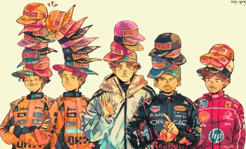 5boys arguing baseball_cap blue_eyes blue_racing_suit brown_eyes brown_hair charles_leclerc closed_eyes closed_mouth commentary crossed_arms english_commentary facial_hair ferrari formula_one george_russell grey_jacket hat hat_over_hat hewlett-packard highres hood hooded_jacket index_finger_raised jacket lando_norris looking_at_another male_focus max_verstappen multiple_boys no_sclera notice_lines one_eye_closed orange_racing_suit oscar_piastri pirelli racing_suit real_life red_bull red_racing_suit shell_(company) simple_background smile sog_goog tag_heuer yellow_background