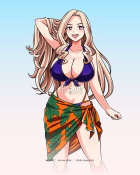 1girl arm_behind_head artist_name bikini blonde_hair boku_no_hero_academia breasts collarbone commentary commission drill_hair drill_sidelocks english_commentary feet_out_of_frame front-tie_bikini_top front-tie_top gradient_background hand_in_own_hair heyreza.art highres huge_breasts long_hair mount_lady navel open_mouth orange_skirt pink_eyes purple_bikini sidelocks skirt smile solo swimsuit very_long_hair watermark