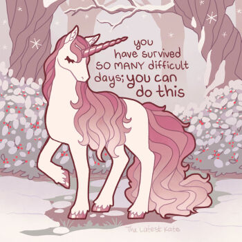 animal_ear_fluff animal_focus artist_name bare_tree bush closed_eyes english_text no_humans original outdoors plant signature snow_on_tree snowing thelatestkate tree unicorn wavy_hair