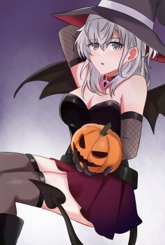 1girl alternate_costume bat_wings black_boots boots breasts bustier cleavage demon_tail demon_wings feet_out_of_frame fishnet_gloves fishnets gloves gradient_background grey_eyes grey_hair grey_hat grey_thighhighs halloween_costume hat highres jack-o&#039;-lantern kantai_collection looking_at_viewer medium_breasts medium_hair pleated_skirt purple_skirt rukialice skirt solo suzutsuki_(kancolle) tail thighhighs wings witch_hat