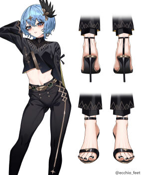 1girl absurdres arm_behind_head black_nails black_shoes blue_eyes blue_hair blush commentary_request ecchi-o feet foot_focus hair_ornament high_heels highres hololive hoshimachi_suisei looking_at_viewer midriff multiple_views nail_polish navel paid_reward_available parted_lips shoes short_hair simple_background toenail_polish toenails white_background