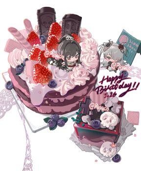 2girls absurdres baseball_bat black_hair blush_stickers brown_eyes cake chibi chibi_only closed_mouth cream dated food fruit grey_eyes grey_hair hair_intakes hair_over_one_eye happy_birthday highres holding holding_baseball_bat long_hair multiple_girls original simple_background standing strawberry two_side_up white_background yuxianzi