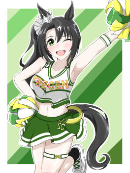 absurdres abyss_kpn_(ki) alternate_costume armpits black_hair breasts cheerleader cleavage collarbone green_eyes highres horse_girl long_hair looking_at_viewer midriff navel one_eye_closed open_mouth pom_pom_(cheerleading) satono_crown_(umamusume) side_ponytail simple_background sweat teeth umamusume upper_teeth_only