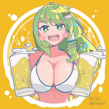 1girl alcohol beer beer_mug bikini blush breasts cleavage commentary_request cup frog_hair_ornament green_eyes grey_hair hair_ornament highres keroyan kochiya_sanae large_breasts long_hair looking_at_viewer mug signature simple_background swimsuit touhou white_bikini yellow_background