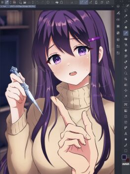 1girl art_program_in_frame bleeding blood blush_stickers breasts brown_sweater doki_doki_literature_club flat_screen_tv hair_ornament hairclip highres holding holding_knife indoors knife large_breasts long_hair looking_at_viewer milcha_16 official_alternate_costume open_mouth purple_eyes purple_hair sweater teeth television twitter_username upper_teeth_only worried yuri_(doki_doki_literature_club)