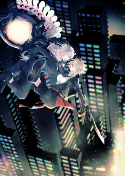 2girls building commentary_request floating formal_clothes glasses hair_ornament hairpin heaven_burns_red highres izumi_yuki_(heaven_burns_red) kayamori_ruka long_hair multiple_girls necktie red_eyes short_hair suit uyuki_(ouun)