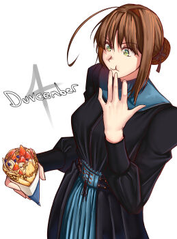 1girl absurdres ahoge braid bun_with_braided_base commentary cream crepe dated duvalie eating eiyuu_densetsu english_commentary food fruit green_eyes hair_bun highres holding holding_crepe holding_food ice_cream ice_cream_crepe long_sleeves moren_eh puffy_long_sleeves puffy_sleeves sen_no_kiseki_(series) short_hair simple_background single_hair_bun single_hair_intake solo strawberry strawberry_slice upper_body white_background
