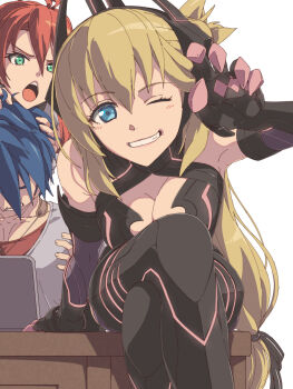1boy 2girls :o agnes_claudel ahoge angry animal_ears black_bodysuit blonde_hair blue_eyes blue_hair bodysuit breasts chiharu_(9654784) claw_pose claws cleavage cleavage_cutout clothing_cutout collarbone commentary_request commission computer cosplay detached_sleeves double-parted_bangs eiyuu_densetsu fake_animal_ears gloves green_eyes grimcats_(eiyuu_densetsu) grin hair_between_eyes hair_bun highres judith_lanster kuro_no_kiseki kuro_no_kiseki_(series) kuro_no_kiseki_ii laptop large_breasts latex latex_bodysuit long_hair low-tied_long_hair multiple_girls one_eye_closed open_mouth parted_lips red_hair simple_background single_side_bun sitting skeb_commission skin_tight smile sweatdrop table van_arkride white_background