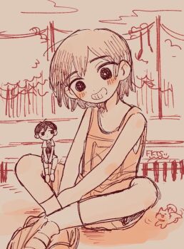 Rule 34 | 2boys, antenna hair, black eyes, black hair, black sweater vest, blush, bright pupils, brown hair, closed mouth, collared shirt, commentary request, dog, double-parted bangs, grin, hair between eyes, hector (omori), kel (faraway) (omori), kel (omori), looking at another, male focus, mini person, miniboy, multiple boys, o tori mhyk, omori, open mouth, orange shorts, outdoors, partially colored, power lines, shirt, shoes, short hair, short sleeves, shorts, sketch, smile, socks, sunny (omori), sweater vest, teeth, white pupils, white shirt