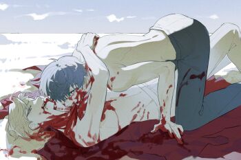 2boys arm_around_back backlighting blonde_hair blood blood_from_mouth blue_hair boy_on_top cannibalism cheon_inho curtained_hair hand_on_another&#039;s_back highres kim_dokja knee_up kneeling looking_at_another looking_at_viewer male_focus multiple_boys nicayuko no_shirt omniscient_reader&#039;s_viewpoint pool_of_blood short_hair yellow_eyes