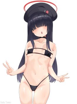 1girl absurdres bare_shoulders beret bikini black_bikini black_hat blue_archive blush breasts commentary_request covered_erect_nipples double_v gluteal_fold hair_over_eyes halo hat highleg highleg_bikini highres justice_task_force_member_(blue_archive) loli micro_bikini midriff nadia_toxinz navel open_mouth red_halo simple_background small_breasts sweat swimsuit teeth upper_teeth_only v white_background