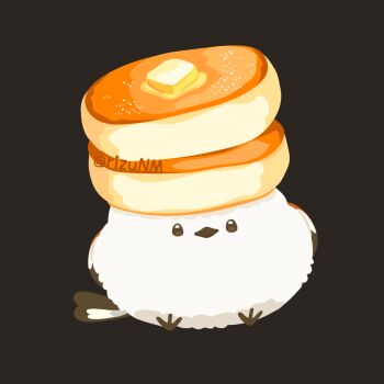 animal animal_focus artist_name bird black_background butter commentary_request food food_focus food_on_head no_humans object_on_head original pancake rizu_(rizunm) simple_background souffle_pancake