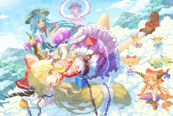 02charaice20 3girls absurdres alcohol apple blonde_hair blue_hair chain cloud food fruit hat highres hinanawi_tenshi horns ibuki_suika long_hair multiple_girls nagae_iku pixel_art red_eyes ribbon sake sky smile touhou