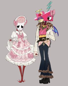 1girl 1other alternate_costume asscheesecake bell-bottoms black_boots blue_pants blue_wings bonnet boots bow commentary dress dress_bow english_commentary frilled_dress frills fur_collar gangle_(the_amazing_digital_circus) grey_background gyaru highres holding_hands jacket lolita_fashion mask pants pink-dress pink_bonnet pink_bow pink_shirt puffy_sleeves shirt single_wing the_amazing_digital_circus white_jacket wings zooble_(the_amazing_digital_circus)