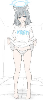 1girl absurdres alternate_costume animal_ears barefoot blue_archive blue_eyes blue_halo blush closed_mouth clothes_lift clothes_writing commentary cross_hair_ornament english_commentary extra_ears full_body grey_hair grey_panties hair_ornament halo highres lifting_own_clothes md5_mismatch medium_hair mismatched_pupils panties resolution_mismatch shiroko_(blue_archive) shirt shirt_lift short_sleeves smile solo source_larger standing t1kosewad underwear white_shirt wolf_ears