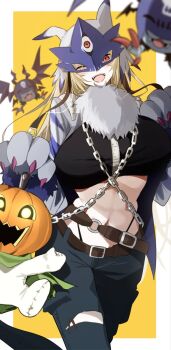 1girl beelstarmon black_pants blonde_hair breasts coat cosplay digimon digimon_(creature) eye_mask gloves halloween halloween_costume highres large_breasts long_hair mask navel one_eye_closed pants picodevimon pumpmon simple_background third_eye underboob wings yotsumoto_yuu
