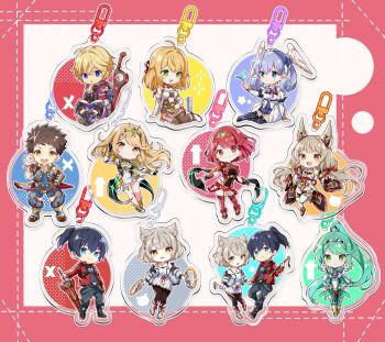 blonde_hair chibi fiora_(xenoblade) green_eyes green_hair highres melia_antiqua mio_(xenoblade) multiple_boys multiple_girls mythra_(xenoblade) nia_(xenoblade) noah_(xenoblade) pneuma_(xenoblade) pyra_(xenoblade) red_eyes red_hair shulk_(xenoblade) ui_frara xenoblade_chronicles_(series) xenoblade_chronicles_1 xenoblade_chronicles_2 xenoblade_chronicles_3 yellow_eyes