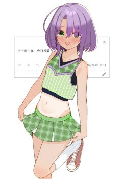 1girl 2025 :d parallel_hairclips a-pose ahoge blush cafe_stella_to_shinigami_no_chou collarbone commentary_request commission cross-laced_shoes dark-skinned_female dark_skin dated eyes_visible_through_hair foot_out_of_frame green_eyes green_skirt hair_ornament hair_over_one_eye hairclip happy highres hiuchidani_mei kneehighs long_bangs looking_at_viewer midriff miniskirt navel open_mouth pleated_skirt purple_hair red_shoes shoes short_hair_with_long_locks simple_background skirt skirt_hold smile sneakers socks solo sports_bra standing standing_on_one_leg tan tanline tft_(tft7822) translation_request white_background white_socks