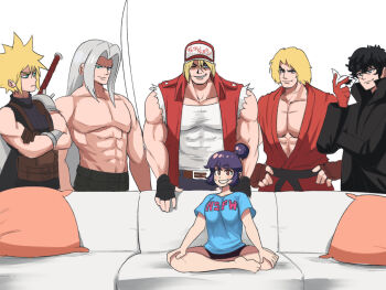 1girl amamiya_ren artist_self-insert atlus baseball_cap black_hair blonde_hair blue_eyes blue_hair brown_eyes brown_hair capcom clothes_writing cloud_strife couch crossover denim fatal_fury final_fantasy final_fantasy_vii final_fantasy_vii:_advent_children fingerless_gloves glasses gloves green_eyes hat highres jacket jeans ken_masters long_hair looking_at_viewer male_focus meme multiple_boys multiple_crossover muscular nintendo pants persona persona_5 piper_perri_surrounded_(meme) ponytail red_gloves sega sephiroth shirt short_hair shorts silver_hair simple_background smile snk square_enix street_fighter street_fighter_ii_(series) super_smash_bros. terry_bogard the_king_of_fighters tina_fate very_long_hair