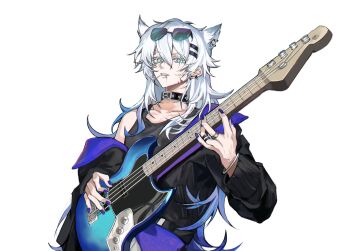 1girl absurdres animal_ear_piercing animal_ears arknights bass_guitar black_choker black_jacket black_tank_top blue_eyes blue_nails chinese_commentary choker commentary_request extra_ears face_piercing hair_ornament hairclip highres holding holding_bass_guitar holding_instrument instrument jacket jewelry lappland_(arknights) linked_piercing lip_piercing long_hair looking_at_viewer multiple_rings nail_polish ne2op parallel_hairclips piercing ring scar scar_across_eye scar_on_face simple_background single_off_shoulder solo tank_top white_background wolf_ears wolf_girl