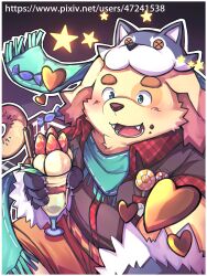Rule 34 | 1boy, absurdres, bara, black shirt, blue eyes, blue scarf, border, brown shorts, candy, claws, cu sith (housamo), dog boy, doughnut, fangs, food, food on face, fruit, furry, furry male, hat, highres, ice cream, lollipop, male focus, open mouth, pocky, scarf, shirt, short sleeves, shorts, star (symbol), strawberry, thick eyebrows, tokyo houkago summoners, watermark, web address, white border, wrapped candy, yed (yedsilent)